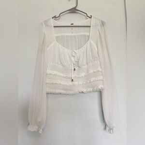 FREE PEOPLE WHITE MESH RUFFLE TIE FRONT LONG SLEEVE BLOUSE SZ SMALL